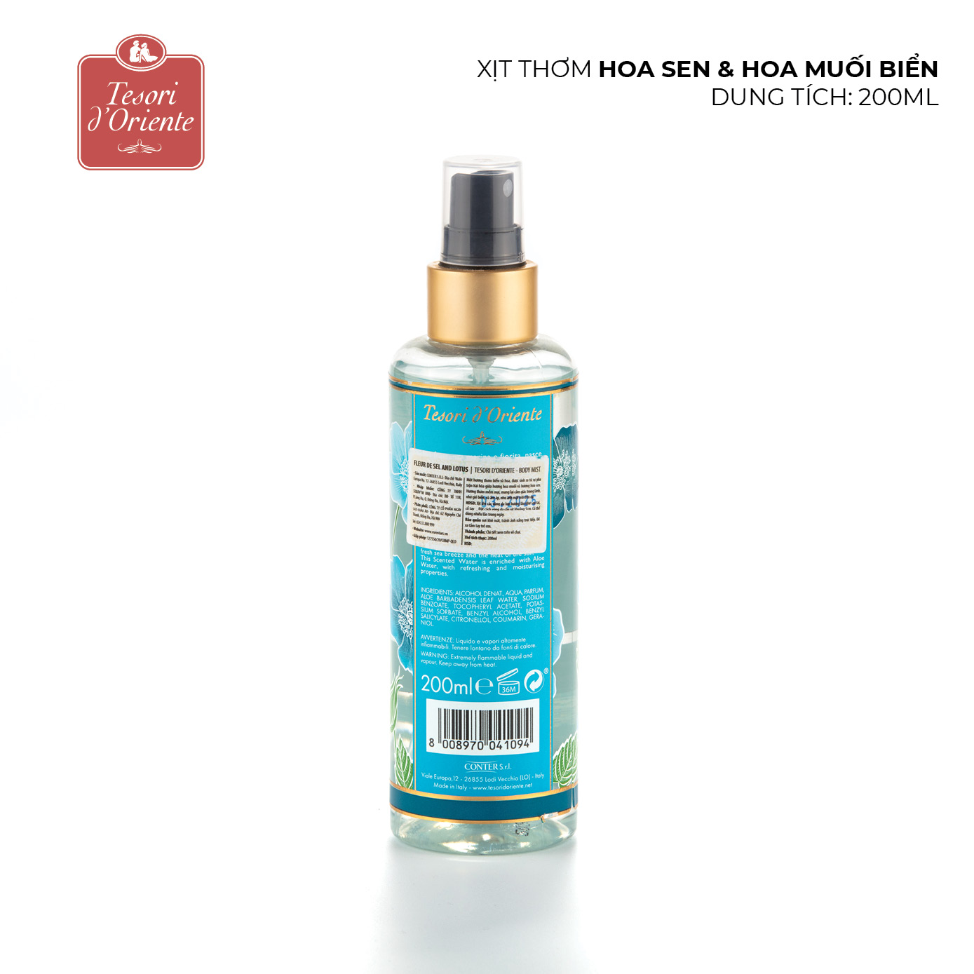 Xịt thơm dưỡng ẩm cơ thể Tesori d'Oriente Hoa sen và hoa muối biển 200ml