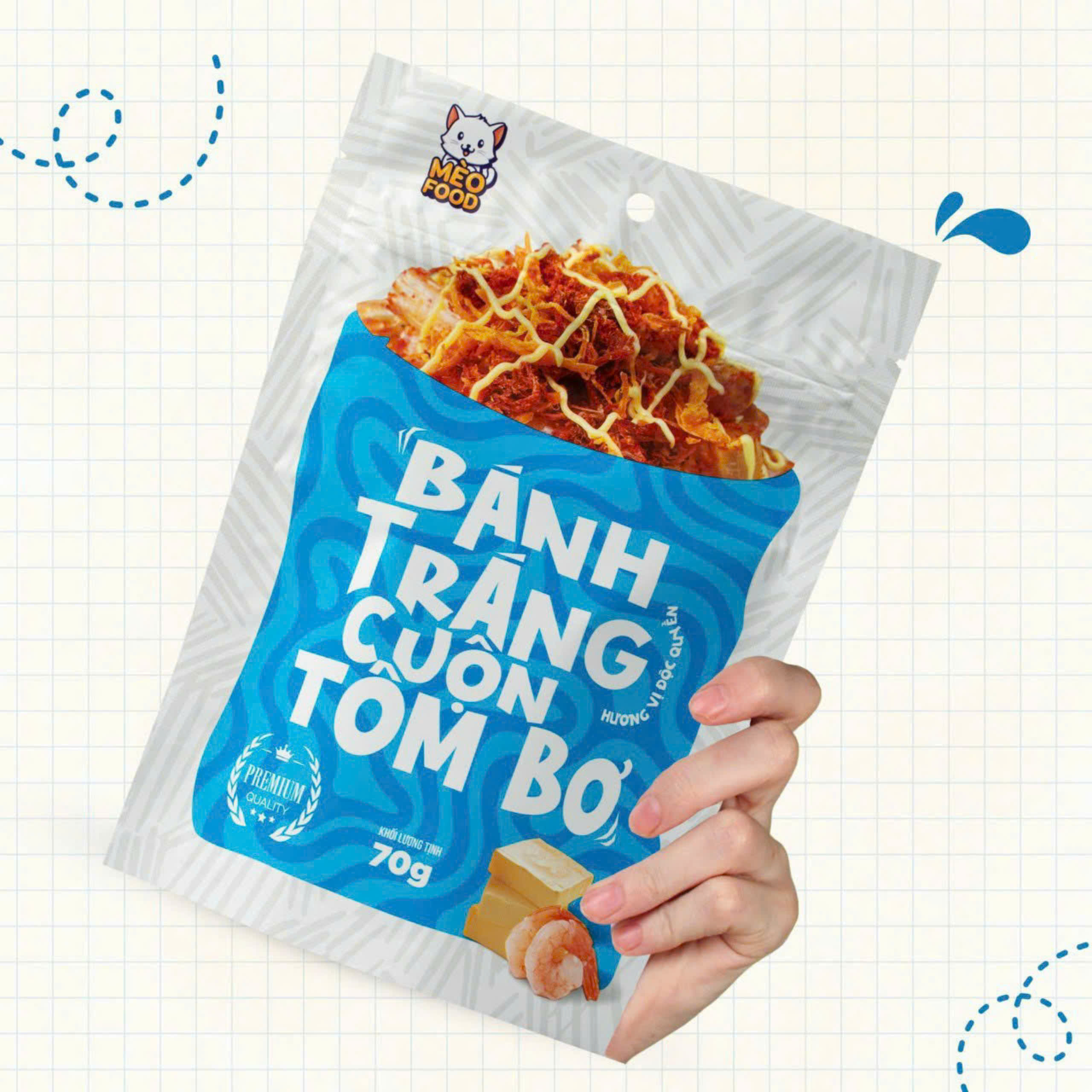 Bánh tráng trộn tỏi bò -Cuộn tôm bơ - Hoàng kim /Mèo food 70G