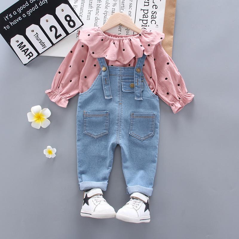 Quần Áo Bé Gái Mùa Thu Denim Áo Liền Quần Bộ Bé Gái Chấm Bi Phối Ren Quần Áo Bé Gái Denim Thời Trang Áo Liền Quần 2 Dây phù Hợp Với