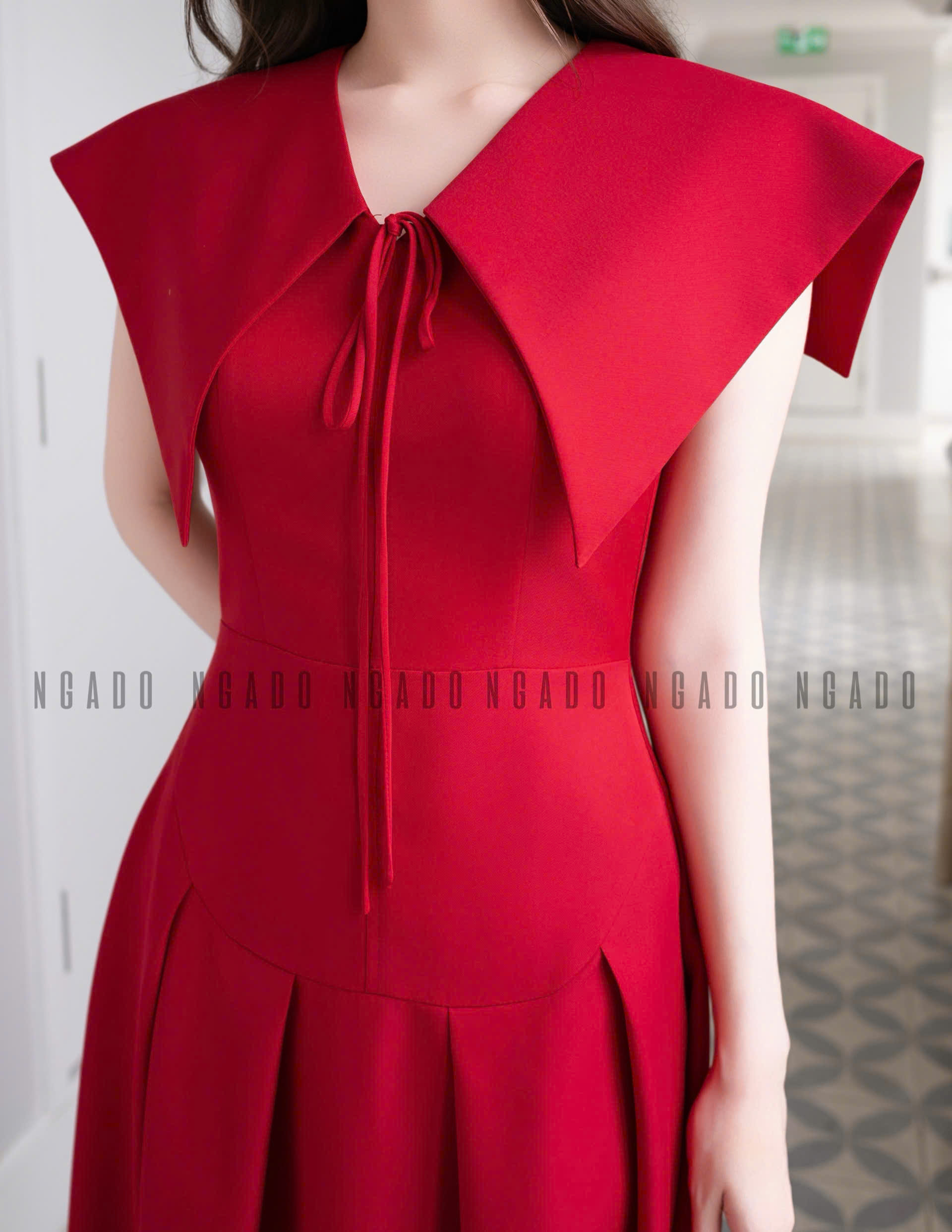 Đầm đỏ xếp ly cổ thuỷ thủ NGADO , đầm dài , đầm kiểu , đầm công sở , dự tiệc