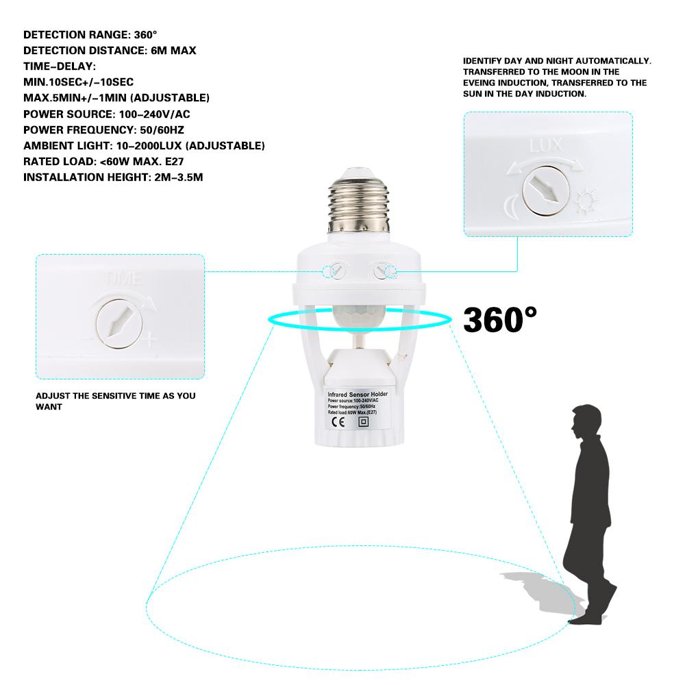 Giá Đỡ Bóng Đèn Led E27 Cảm Biến Chuyển Động Hồng Ngoại Pir