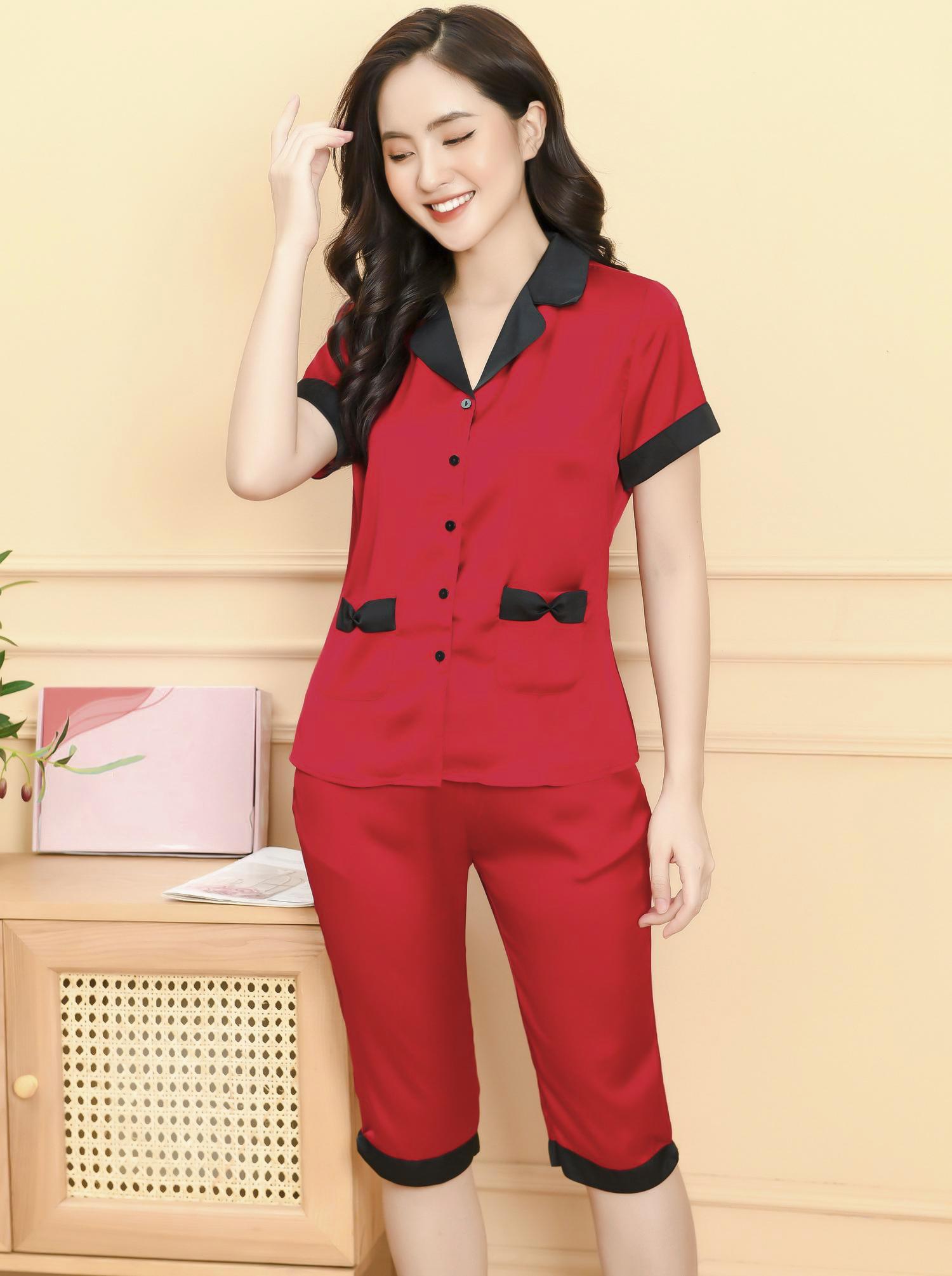 Đồ Bộ Mặc Nhà Bộ Lửng Bộ Pijama Lụa Trơn Áo Có Túi Phối Nơ Hai Bên Phối Màu Viền H183