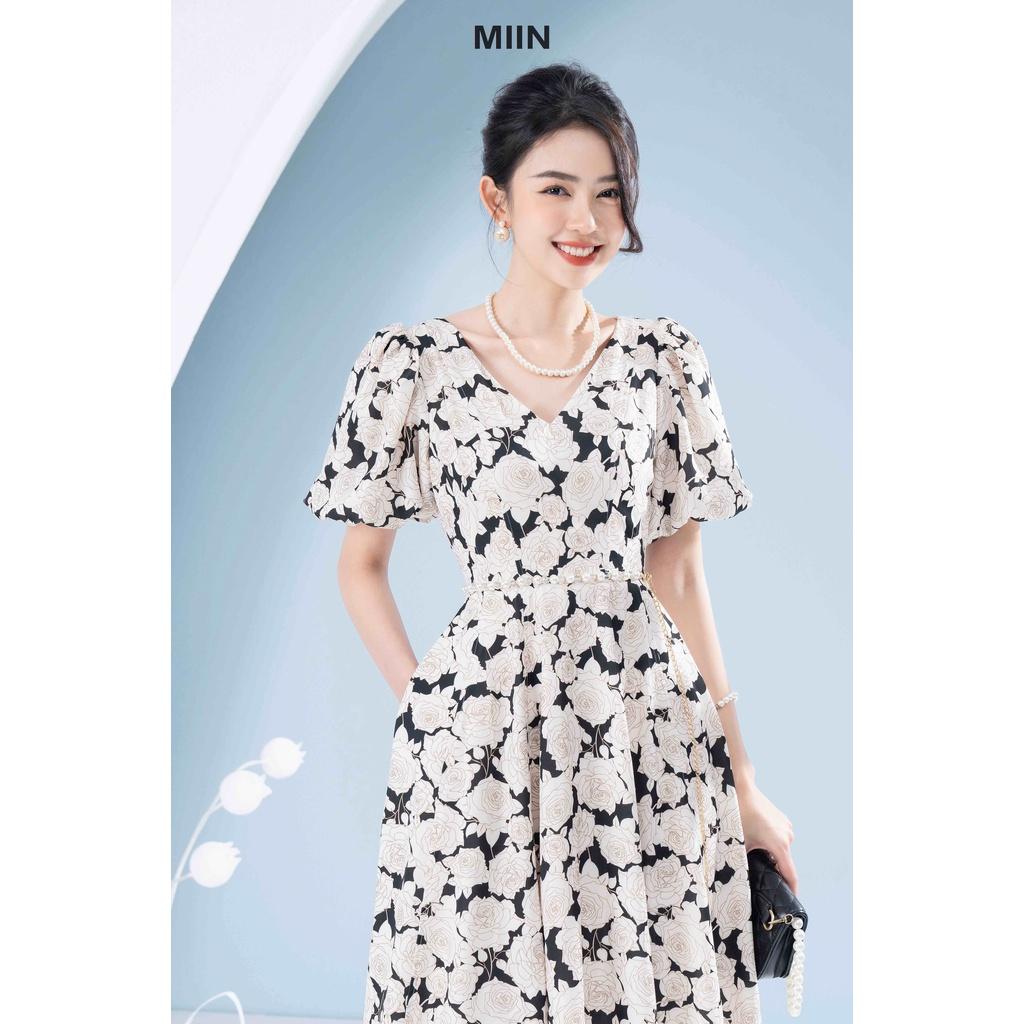 D00443 - Đầm thiết kế tay bồng cổ tim cao cấp hoa hồng sang trọng Miu Store