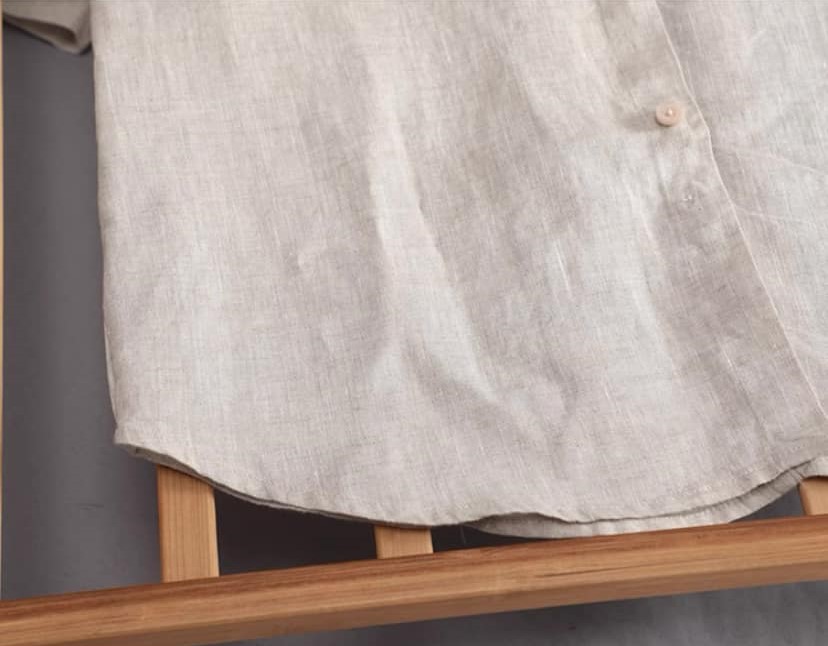 Áo sơ mi nam ngắn tay trơn basic unisex cổ trụ vải sợi Linen thô cao cấp