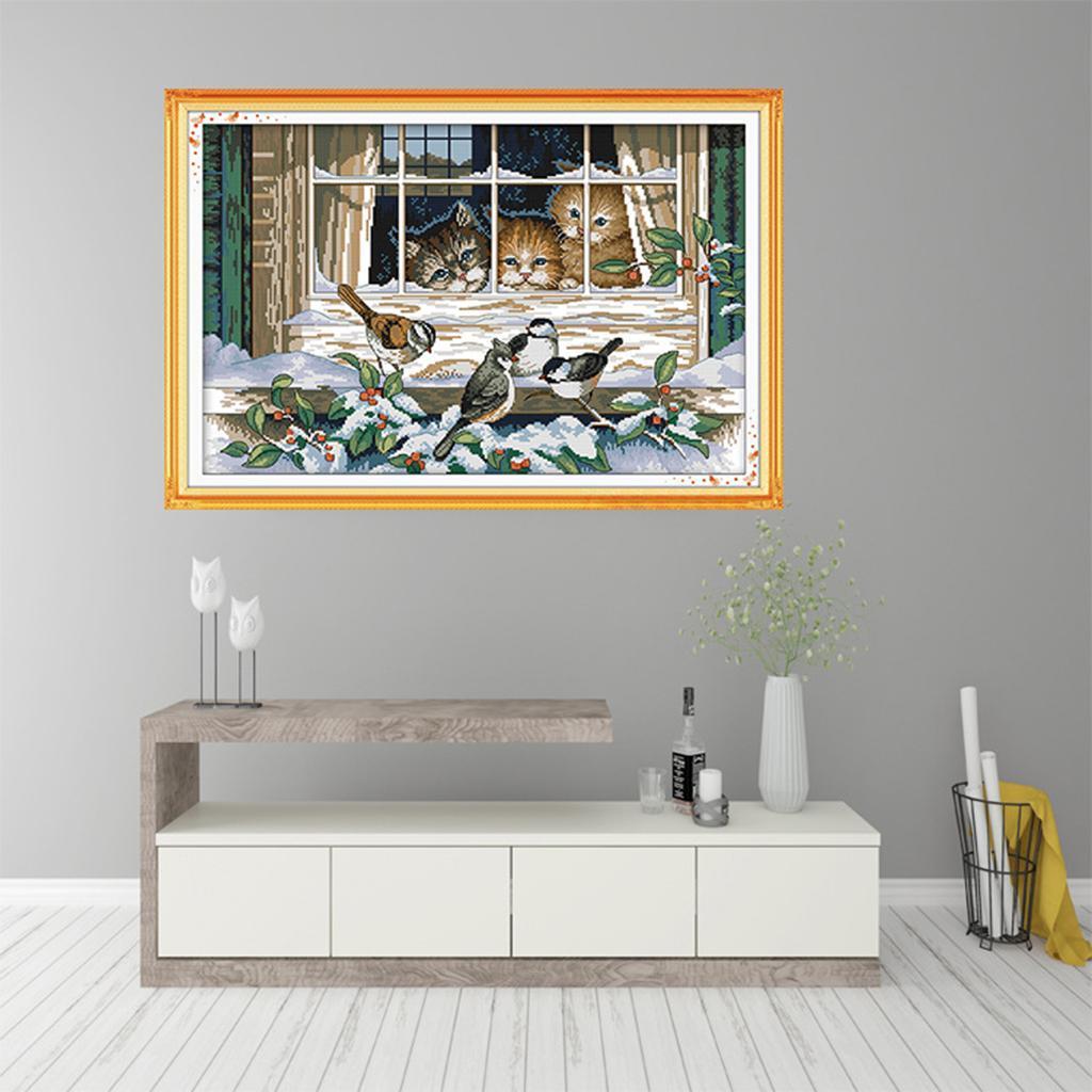 Cats Birds Stamped Cross Stitch Kits for Kids Pre-Printed Pattern Embroidery