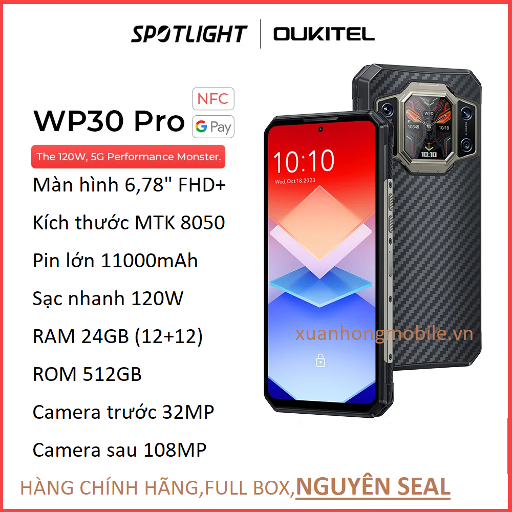 Oukitel wp30 Pro 5g SIÊU BỀN (sạc nhanh 120W ,pin 11000 mAh,màn hình 6.78 inch,Ram 24 GB(12gb + 12GB),Rom 512GB ,120Hz ,Android 13,camera 108mp)- hàng chính hãng