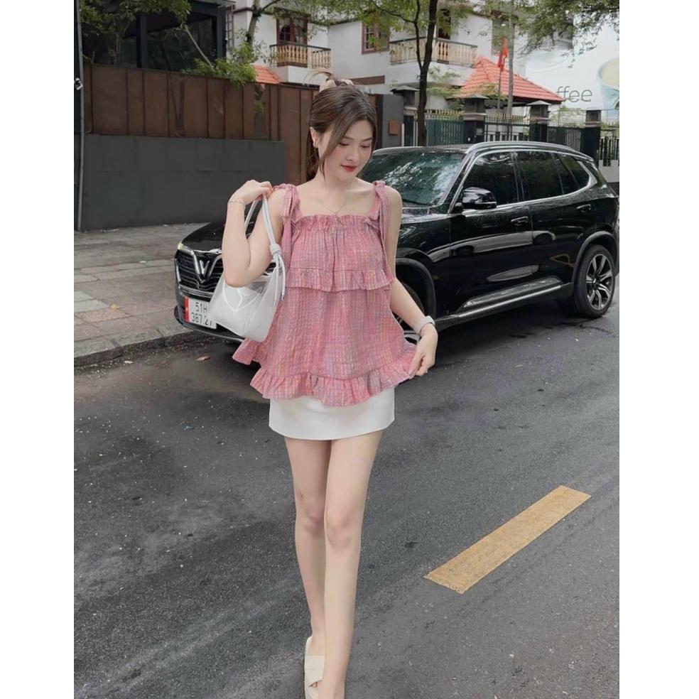 Sét bộ áo xốp caro 2s cột nơ vai phối bèo kèm chân váy