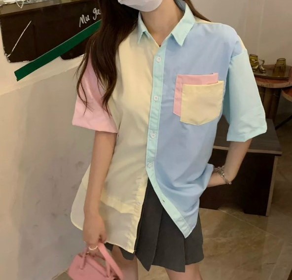 Áo sơ mi ngắn tay phong cách Hàn Quốc Polo Top Cropped Loose Contrast, Áo Sơ Mi tay lỡ Nhiều Màu Phong Cách Hàn Quốc Dễ Thương, Áo sơ mi tay lửng dáng rộng màu sắc tương phản dễ phối đồ thời trang mùa hè phong cách Hàn Quốc dành cho nữ