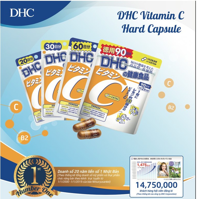 Viên uống DHC Vitamin C Nhật Bản thực phẩm chức năng giúp tăng cường đề kháng, sáng da & tăng sản sinh collagen gói 30 ngày, 90 ngày