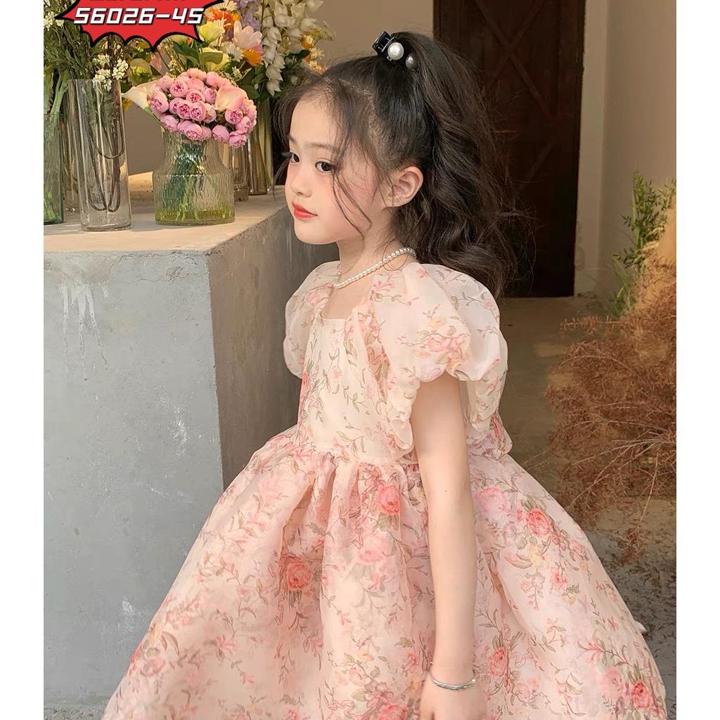 Đầm váy babydoll tay phồng cho bé gái màu hồng diện đi chơi đi học du lịch đẹp size 12-35kg hàng thiết kế