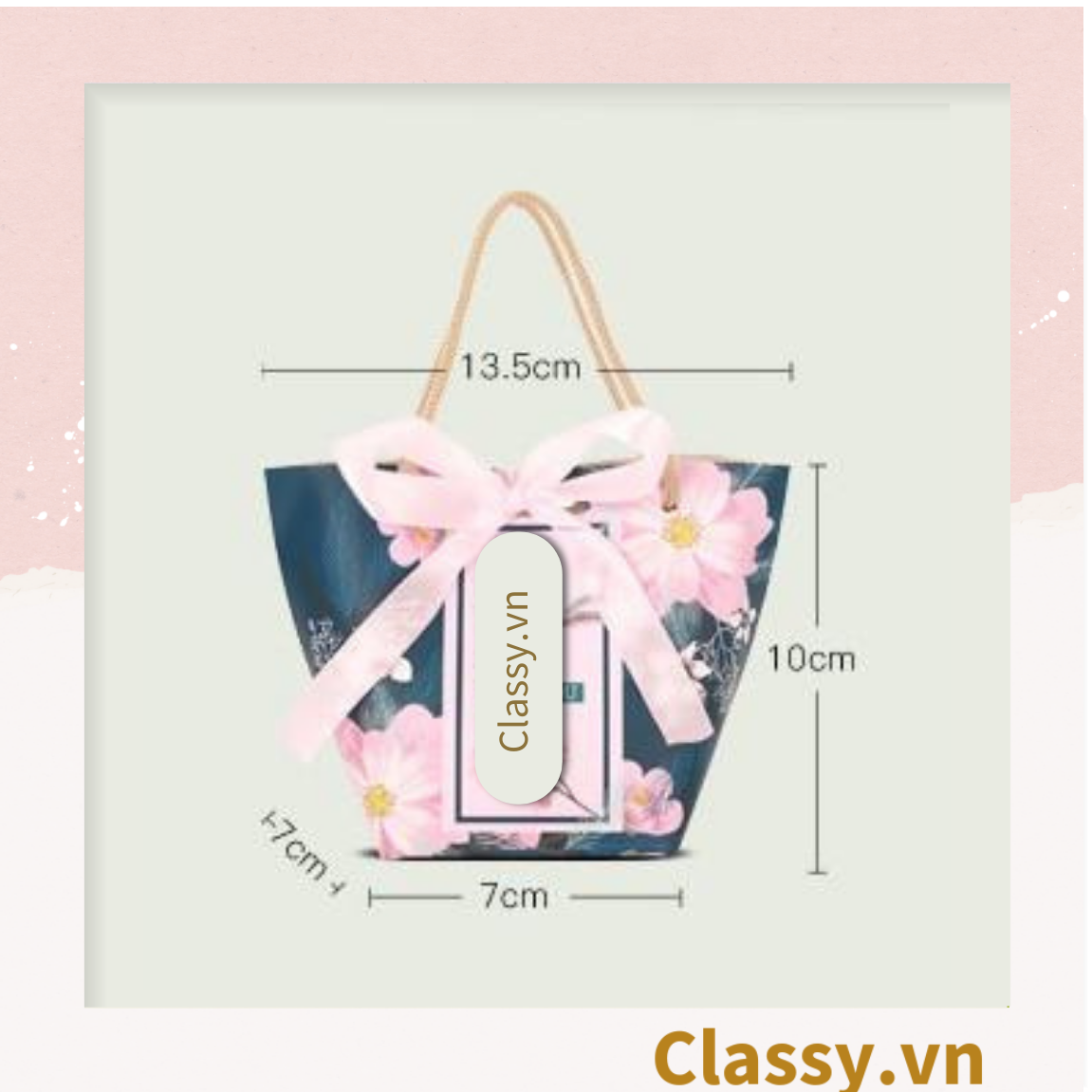 Classy Túi giấy đựng quà thắt nơ in hình dễ thương 14 X 7 X 10 CM đựng son, trang sức, quà tặng đám cưới, lễ tết