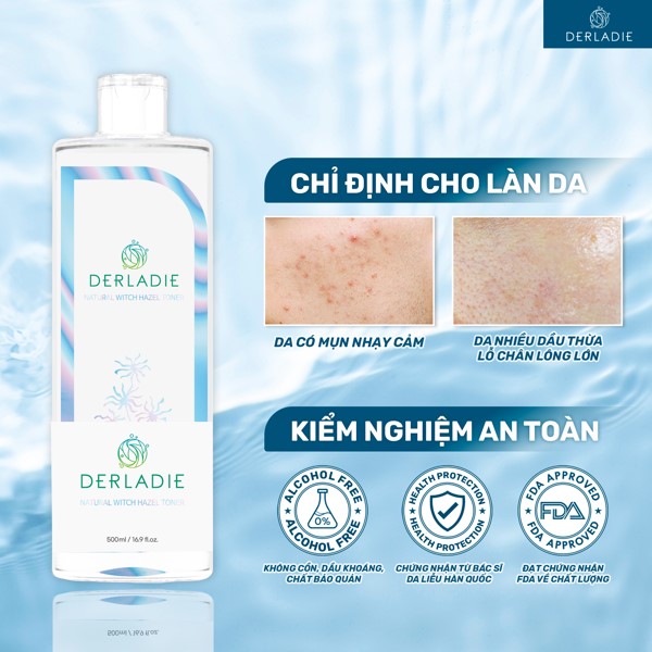 Nước Hoa Hồng Làm Sạch, Dưỡng Ẩm, Dịu Nhẹ Chiết Xuất Cây Phỉ Derladie Natural Witch Hazel Toner 500ml