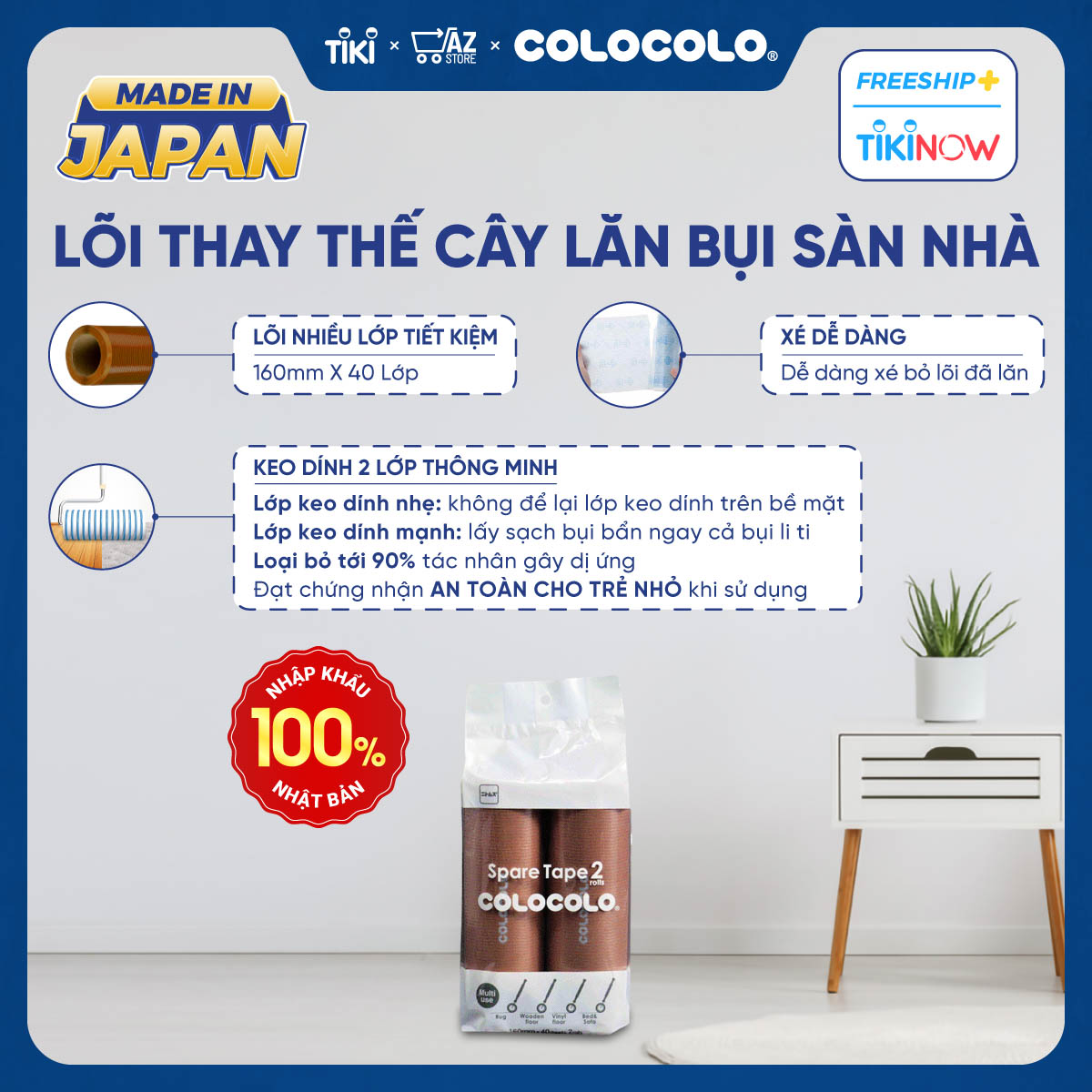 Lõi cây lăn bụi sàn nhà nhiều màu COLOCOLO chính hãng -2 cuộn