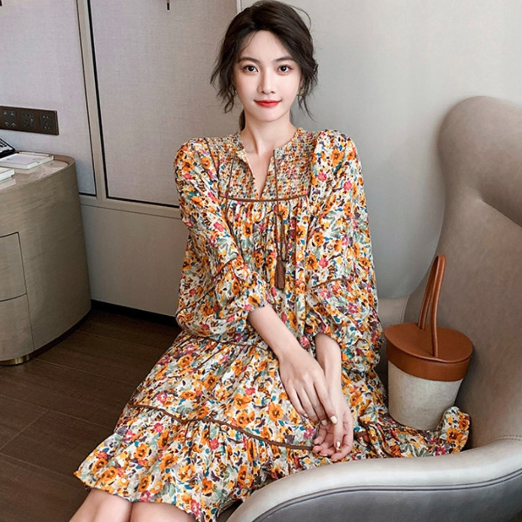 Đầm nối tầng hoa nhí vàng nâu đi chơi dự tiệc chất vải lụa cao cấp SPRING DRESS