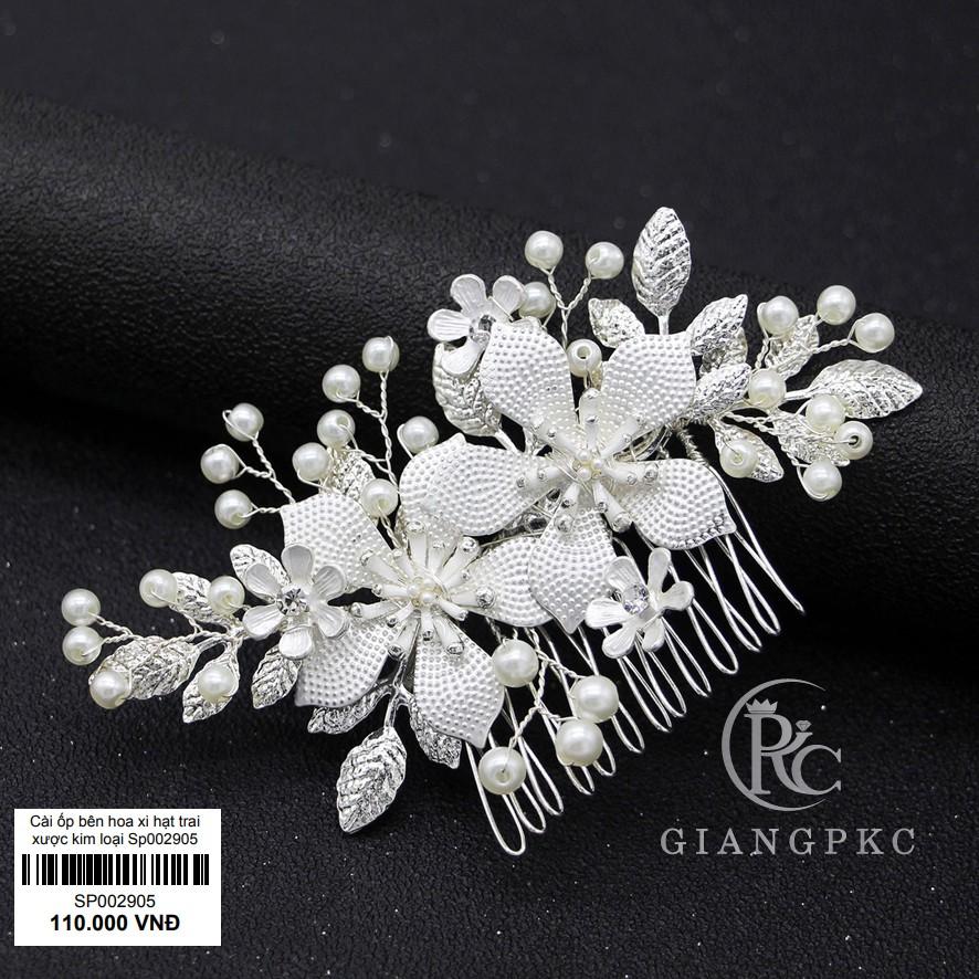Cài ốp tóc cô dâu một bên hoa xi hạt trai xược kim loại Giangpkc Sp002905
