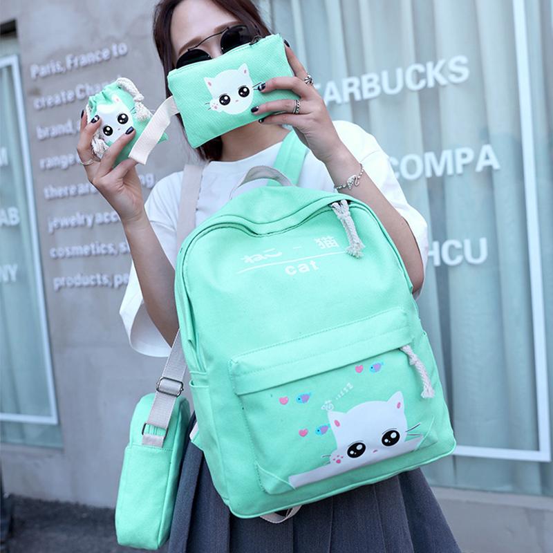 Mèo Hoạt Hình Học Túi Vải Bố Thời Trang Trường Ba Lô 4 Bộ Trẻ Em Học Cho Cô Gái Tuổi Teen Schoolbag Bagpack Túi Đeo Vai