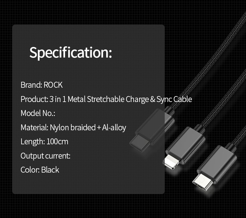 Cáp sạc Rockspace 2m dây dù 3 cổng Lightning / Micro USB/ chuẩn C sạc 3 thiết bị cùng lúc,sạc nhanh, màu đen - Hàng chính hãng