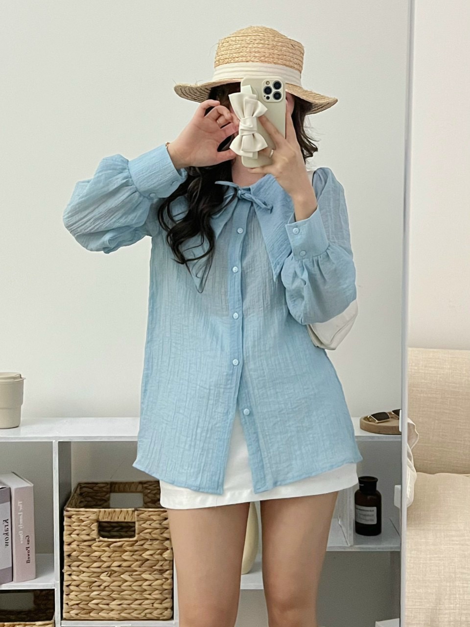Áo sơ mi tơ cổ nhọn cột nơ tiểu thư nhiều màu