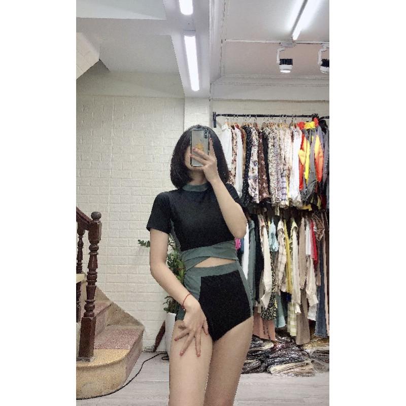 Bikini đồ bơi hai mảnh cộc tay đen pha rêu Hàn quốc siêu đẹp nữ tính kín đáo