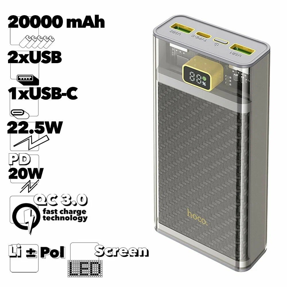Pin sạc dự phòng Hoco J103A Discovery edition 22.5W 20000mAh với 2 cổng USB, 1 cổng Type C sạc nhanh cho nhiều thiết bị, thiết kế trong suốt, màn Led hiển thị pin - Hàng chính hãng