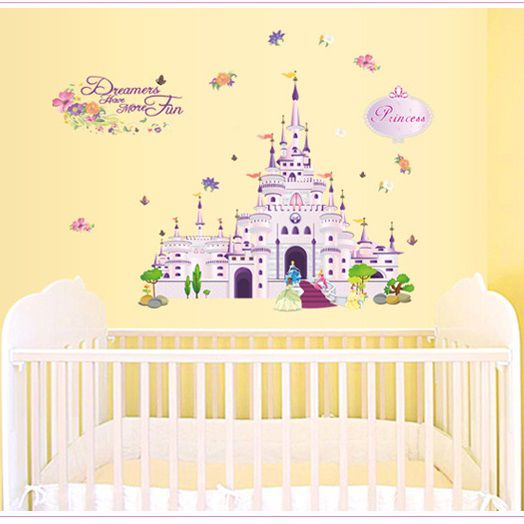 Decal dán tường cho bé gái Lâu đài công chúa màu hồng dễ thương