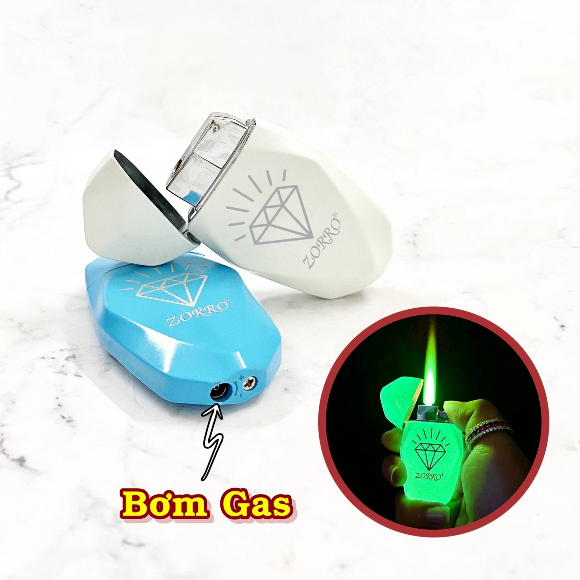 Hột quẹt bật lửa khè kim cương dạ quang hút ánh sáng - xài gas