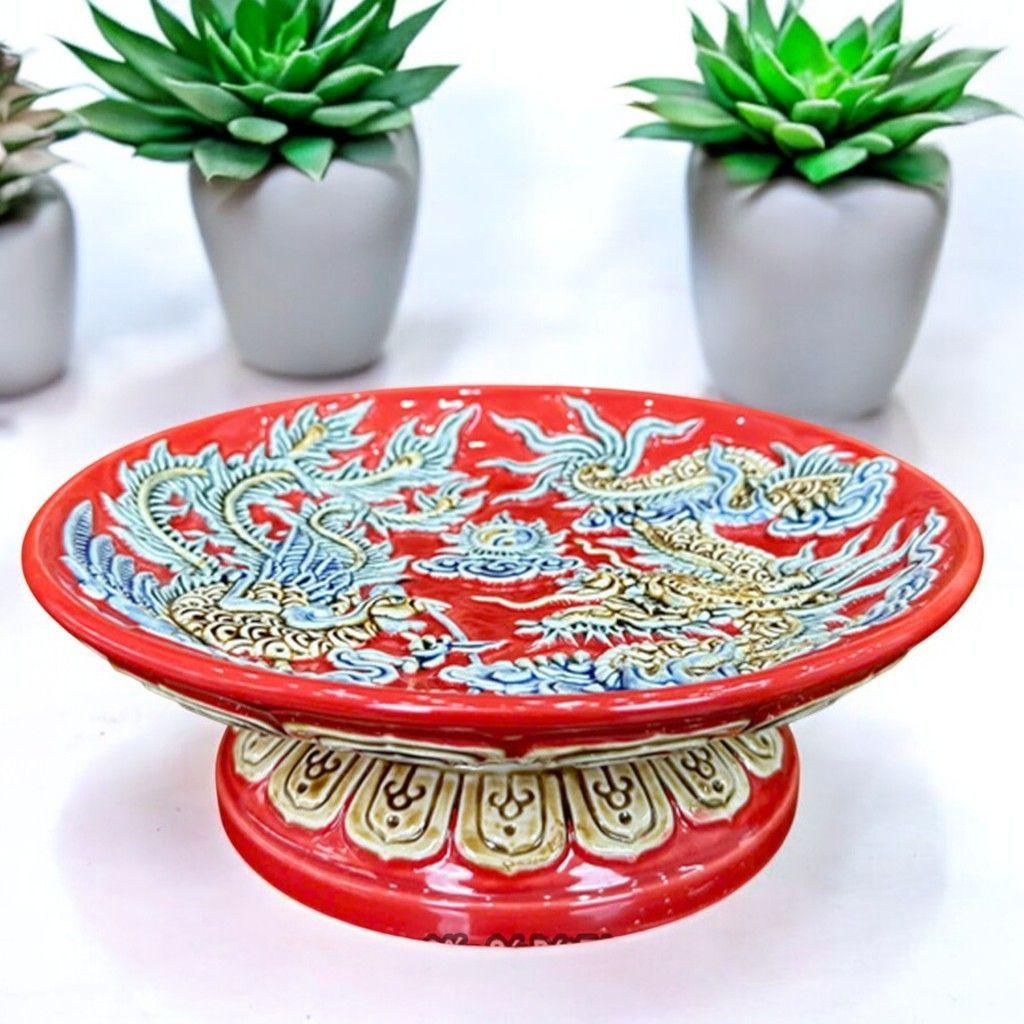 Mâm Bồng Đĩa Cúng Trái Cây Gốm Sứ RỒNG VIỆT Men Đỏ Bát Tràng Cao Cấp Trang Trí Bàn Thờ Đẹp