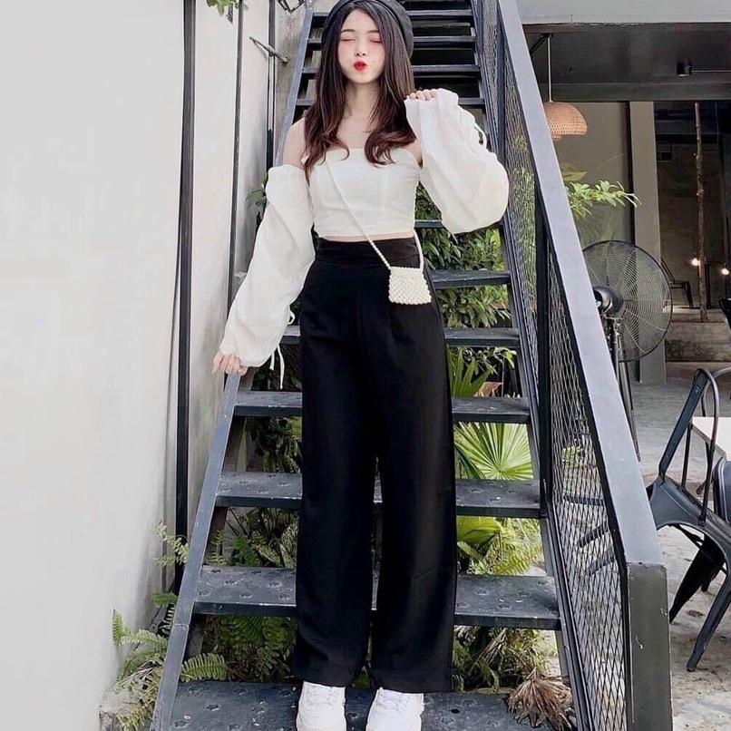 Quần culottes ống rộng nút lưng cao chất dày mịn Lovi