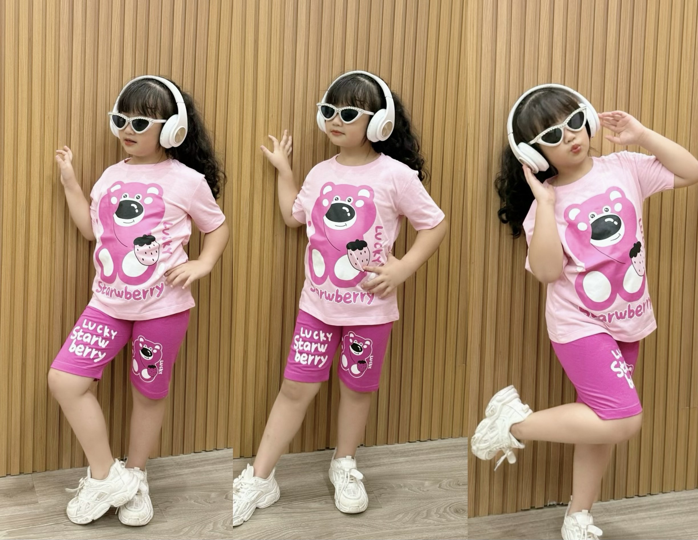 Đồ bộ bé gái, Bộ cộc tay cho bé gái hình kuromi gấu dâu melody từ 8-35kg chất cotton mềm mịn mát