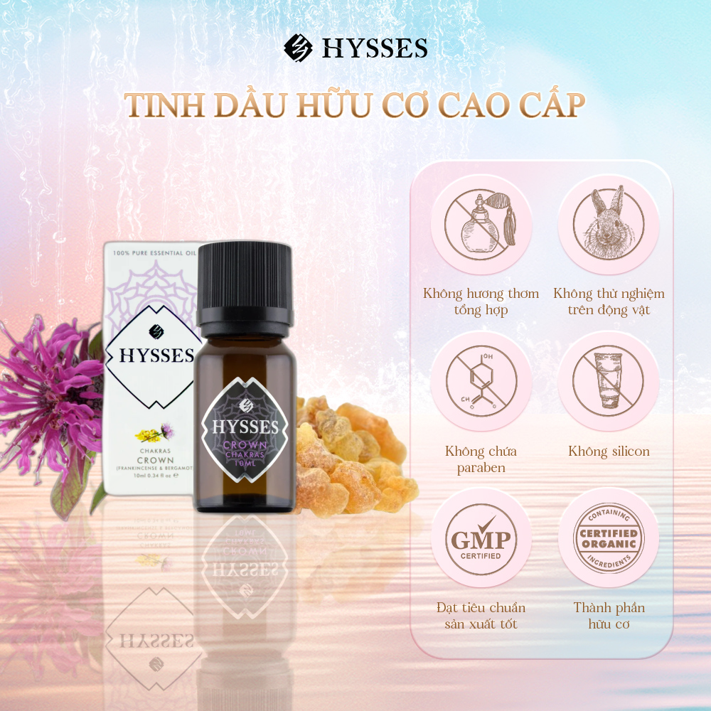 Tinh Dầu Cao Cấp Hysses Chakras Crown Tăng Năng Lượng Luân Xa Khai Sáng Giúp Giảm Căng Thẳng, Tăng Độ Nhạy Tư Duy, Giác Quan Với Chiết Xuất Trầm Hương & Cam Bergamot Hữu Cơ Tự Nhiên
