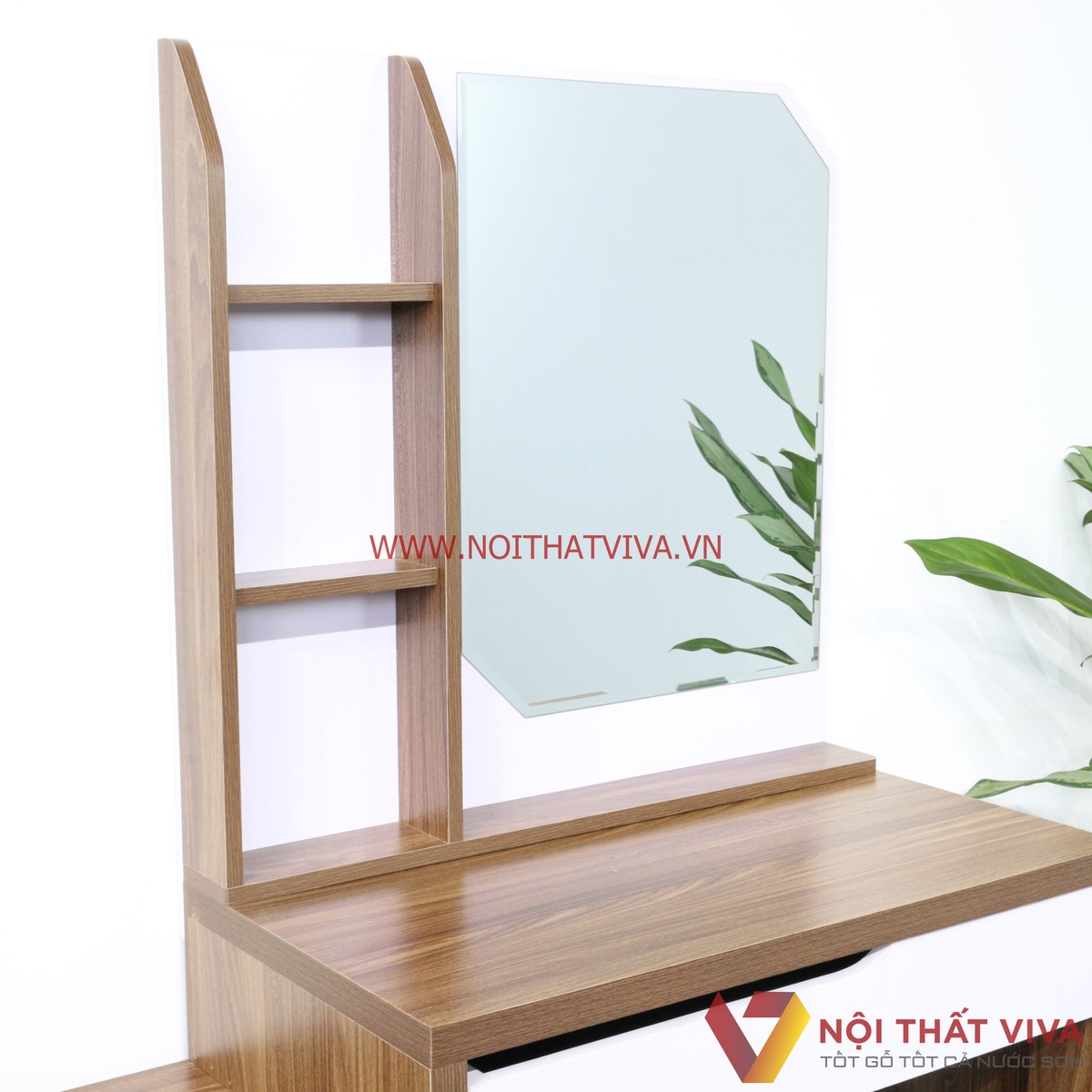 Bàn Trang Điểm 2 Tầng Gỗ MDF Melamine Màu Óc Chó Phối Trắng Hiện Đại