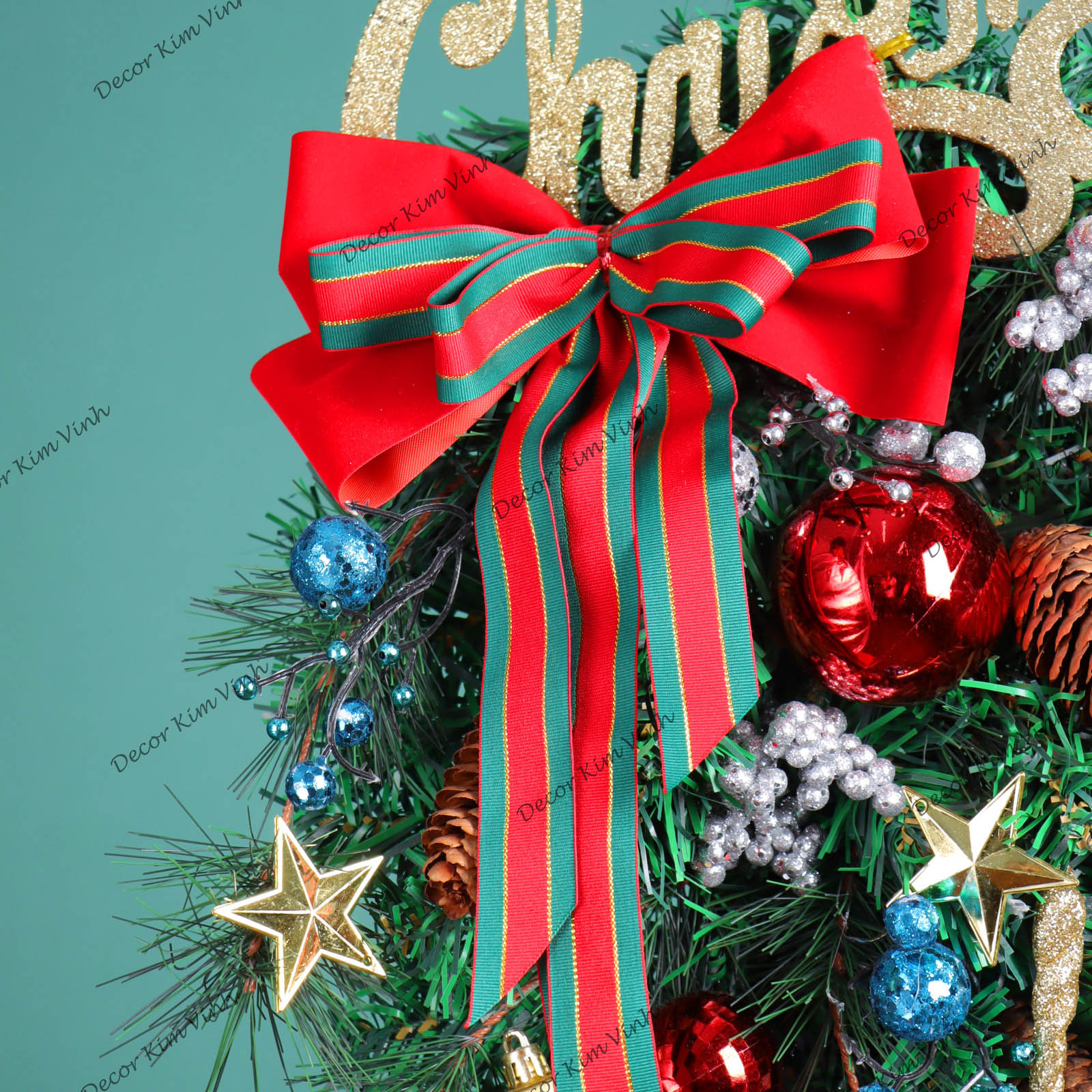 Dây Treo Chùm Thông CT08 Chùm Thông Merry Nơ Sọc Đỏ Trang Trí Noel Kèm đèn