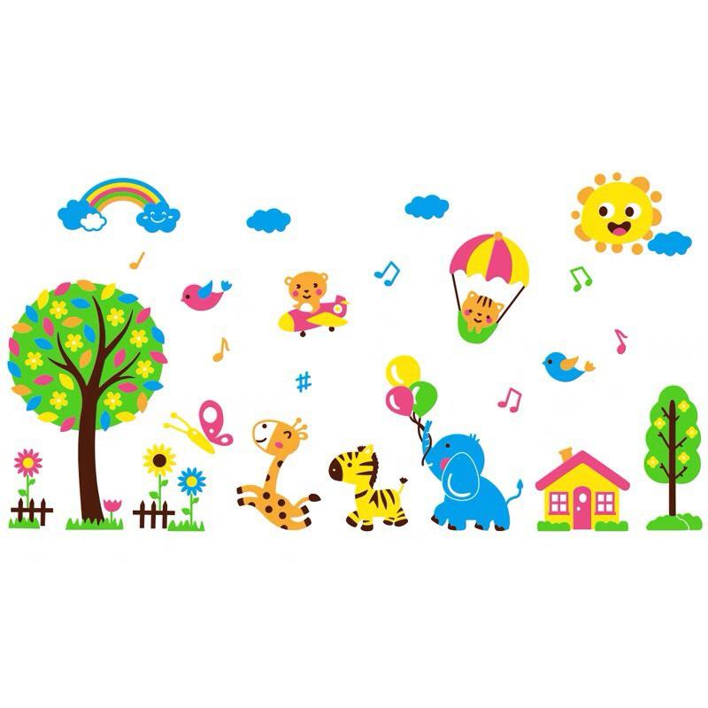 Decal dán tường mica 3D cây sắc màu và thế giới động vật, tranh các con vật dễ thương trang trí phòng bé yêu