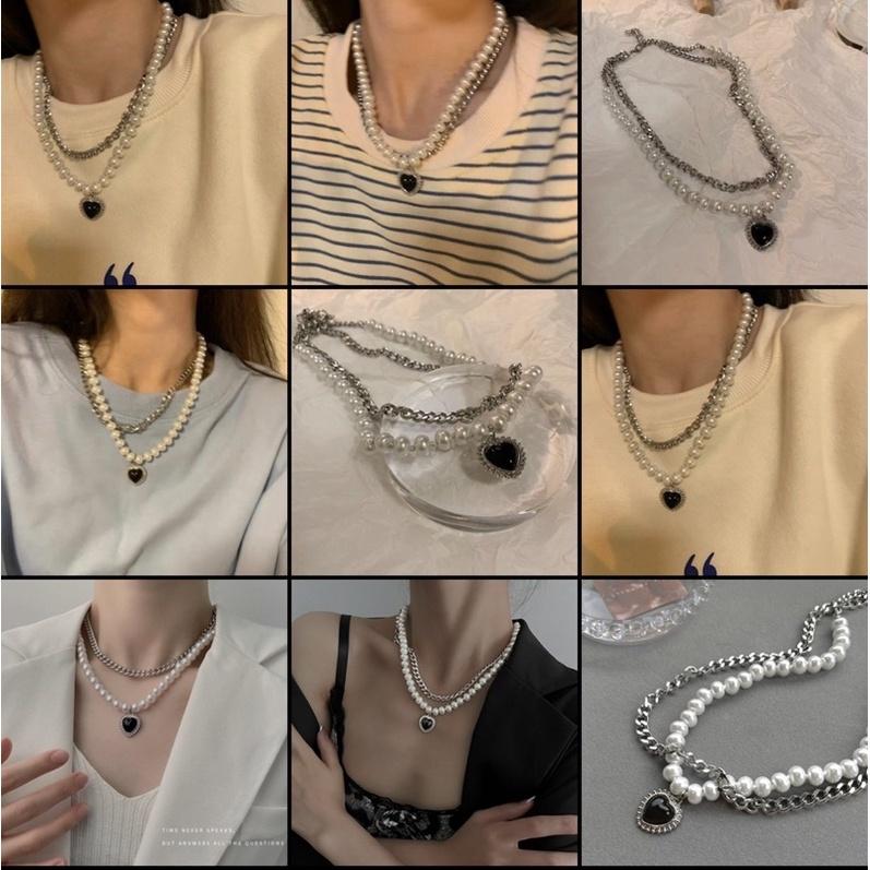N191 Vòng cổ Bạc Nhiều Lớp Mặt Hình Trái Tim Đính Ngọc Thời Trang Cho