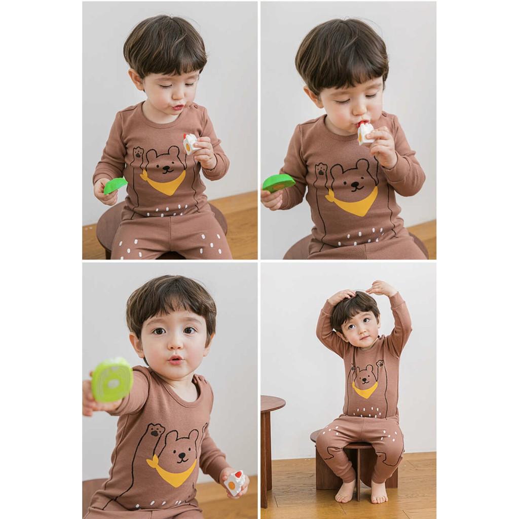 ĐỒ BỘ DÀI TAY CAO CẤP TRẺ EM NỘI ĐỊA HÀN, CHẤT THUN COTTON ORGANIC, MẪU GẤU NÂU