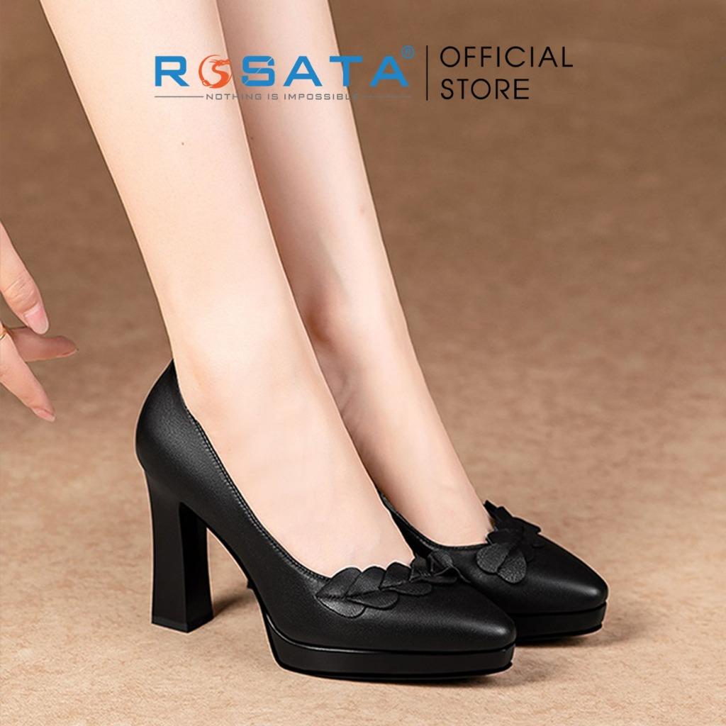 Giày cao gót đế vuông 8 phân mũi nhọn công sở nữ phối họa tiết ROSATA RO441 ( Bảo Hành 12 Tháng ) - KEM