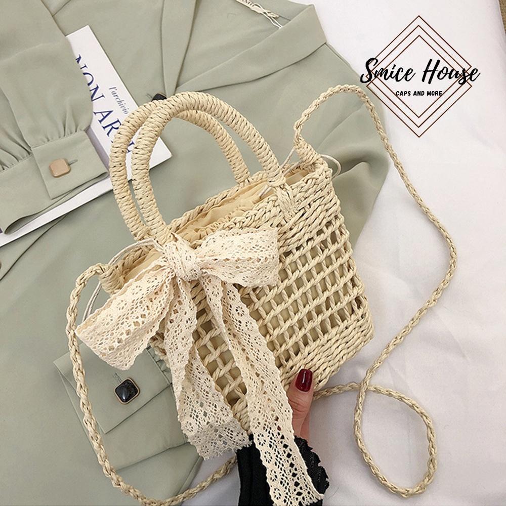 Túi cói đan mini đeo chéo siêu xinh đính nơ ren dùng đi biển chụp hình ngoại cảnh phong cách vintage- Smice House
