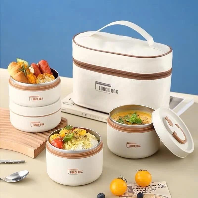 Hộp đựng cơm giữ nhiệt 3 tầng và hộp 4 ngăn bằng thép không gỉ 304 kèm túi