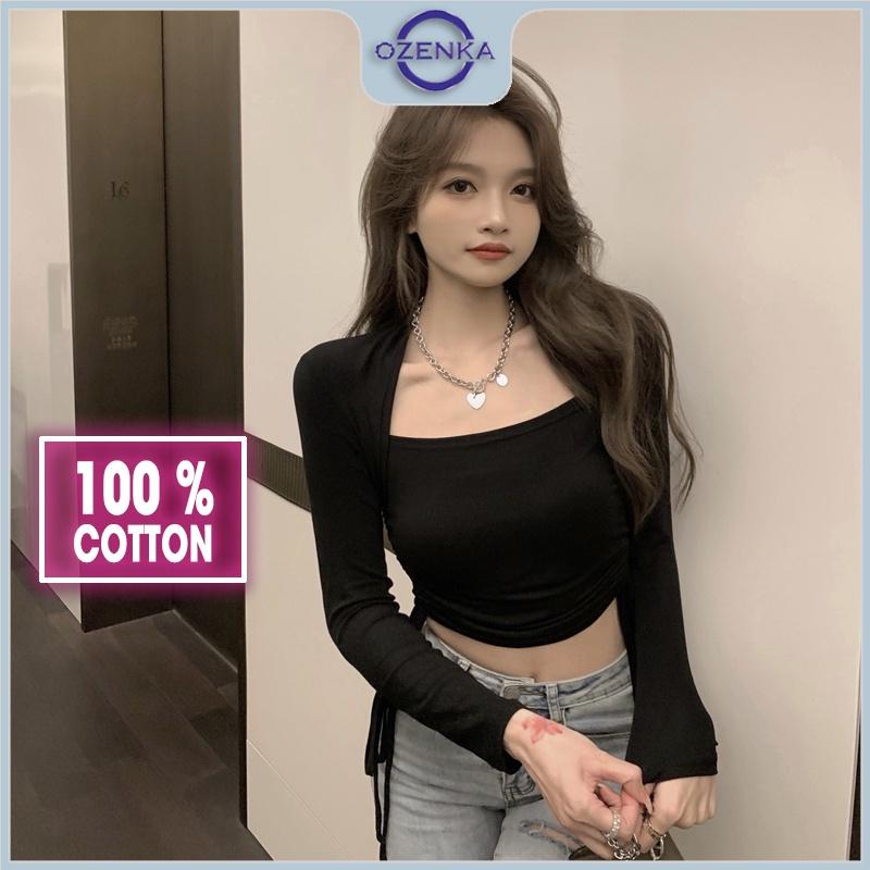 Áo croptop tay dài rút dây eo cổ thuyền nữ Ozenka , áo crt ôm body kiểu thun gân cotton màu đen trắng mặc đi chơi đi học