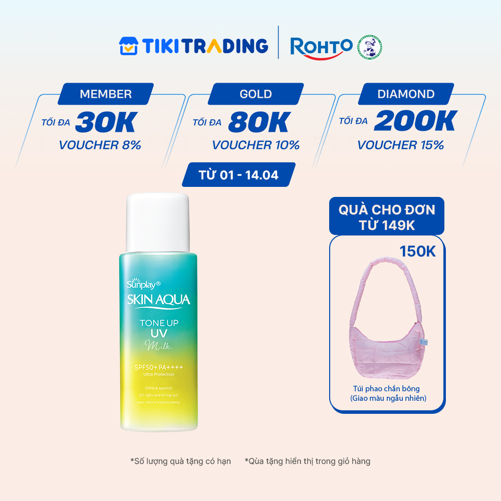 Kem chống nắng nâng tông Skin Aqua Tone up Mint Green cho da trắng có khuyết điểm đỏ, dạng sữa Sunplay Skin Aqua Tone Up UV Milk Mint Green SPF 50 PA 50g