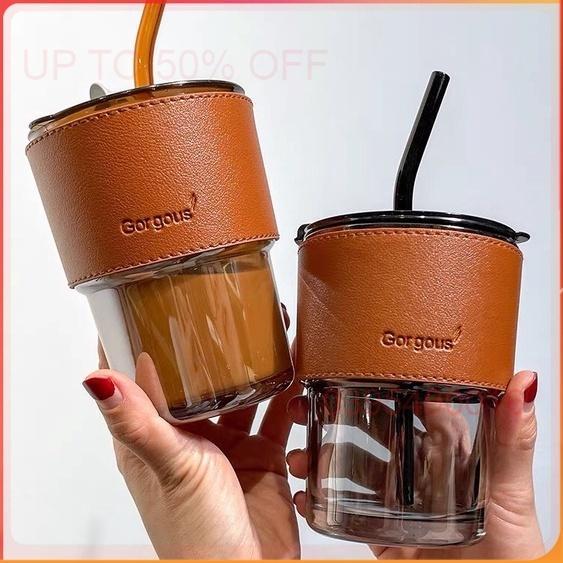 Cốc thủy tinh hổ phách GorGous bọc da 450ml sang chảnh chống bỏng có nắp kín cao cấp thời trang Qimato
