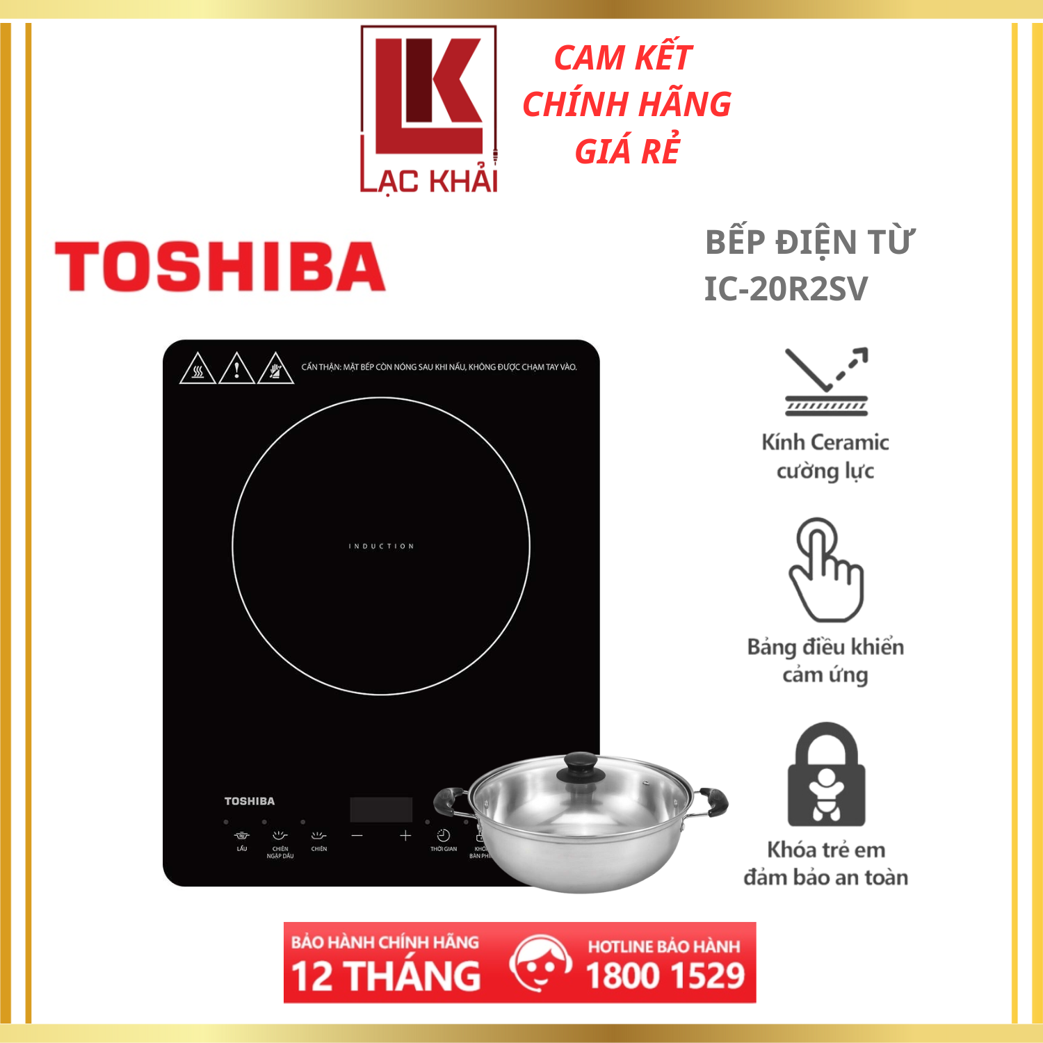Bếp Điện Từ Toshiba IC-20R2SV - Cảm ứng, tặng Nồi Lẩu Inox cao cấp 1 lớp, 9 mức công suất, model 2023 - Hàng chính hãng