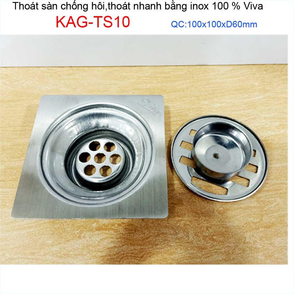 Hố ga thoát sàn viva ống 6cm Inox mờ, phễu thoát nước chống hôi vuông 10x10cm KAG-TS10 -D60