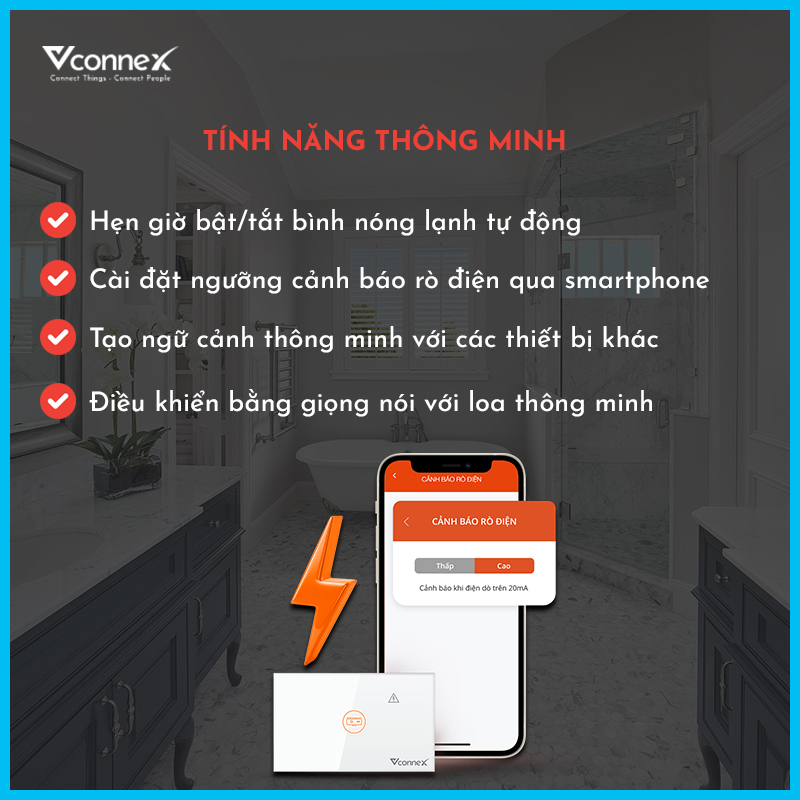 Công tắc cho bình nước nóng thông minh chống giật Vconnex, Kết nối Wifi, hẹn giờ Bật Tắt, công suất 2500W từ Techino&quot;