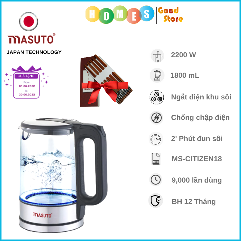 Ấm Đun Siêu Tốc MASUTO MS-CITIZEN Đun Cực Nhanh 2 Phút Sôi Công Nghệ Nhật Bản Dung Tích 1.8L Công Suất 2200W - Hàng Chính Hãng