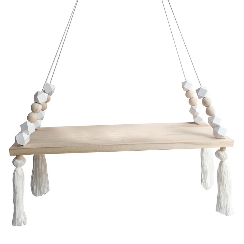 Wooden Floating Rope Wall Hanging Shelf Book Kitchen Bedroom Decor White