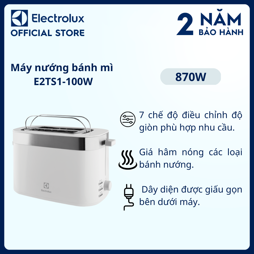 Máy nướng bánh mì Electrolux E2TS1-100W - 7 chế độ điều chỉnh độ giòn phù hợp, nơi cất dây nguồn gọn gàng [Hàng chính hãng]