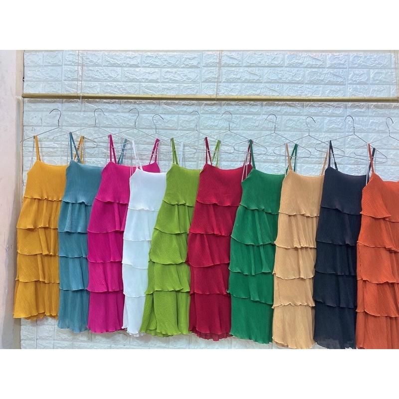 Đầm tầng dập ly 2 dây dáng suông có tang đơ-hình thật. bkfrreship