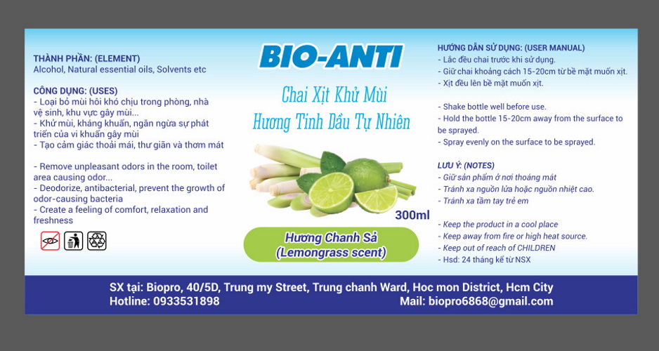 Chai xịt khử mùi diệt khuẩn hương tinh dầu tự nhiên Bio-Anti Chai 300ml Khử mùi phòng, Toilet, Khu vực gây mùi