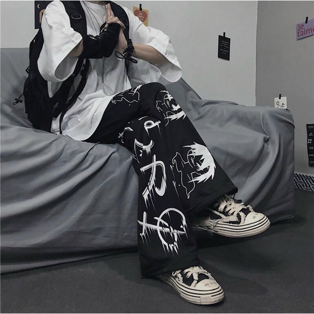 Quần DÀI Ống Rộng IN HÌNH SA.JA Ulzzang Unisex, ống loe cạp cao dài 100cm hack chân tôn dáng màu đen thời trang
